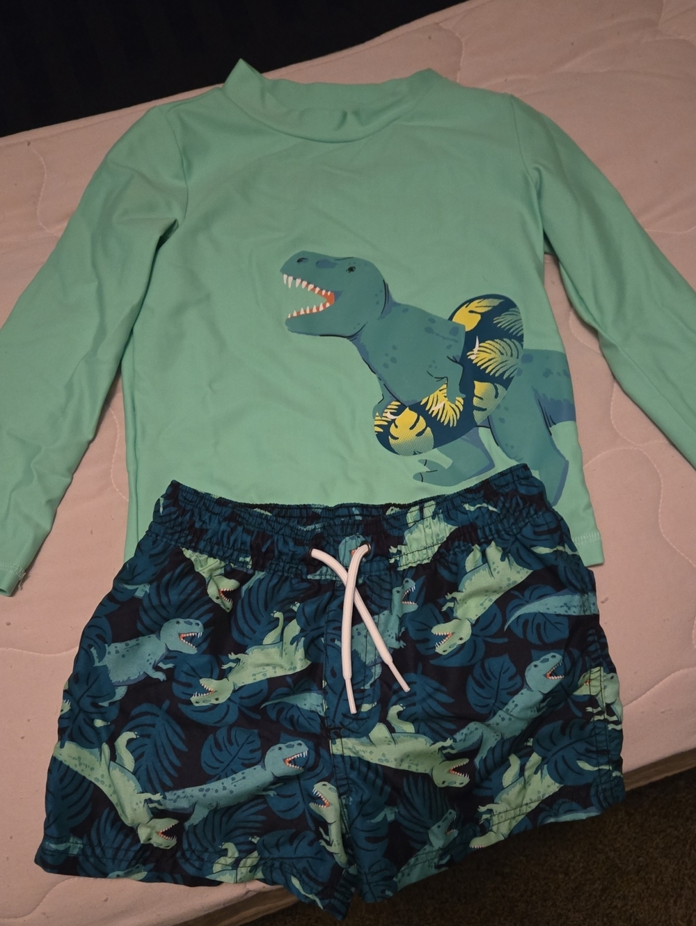 Carter's Mint Green Dino Rash Guard Top with Navy Dino Swim Shorts